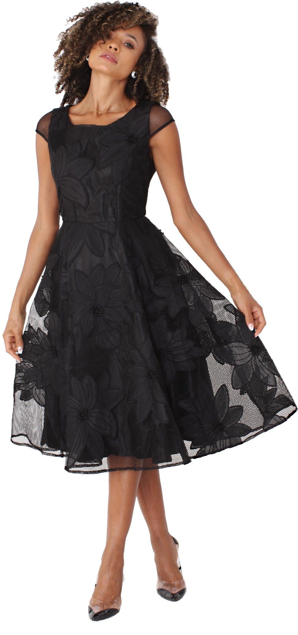 Plus Size Elegant 2-Piece Church Dress with Floral Lace and Jewel Brooch- 4806W