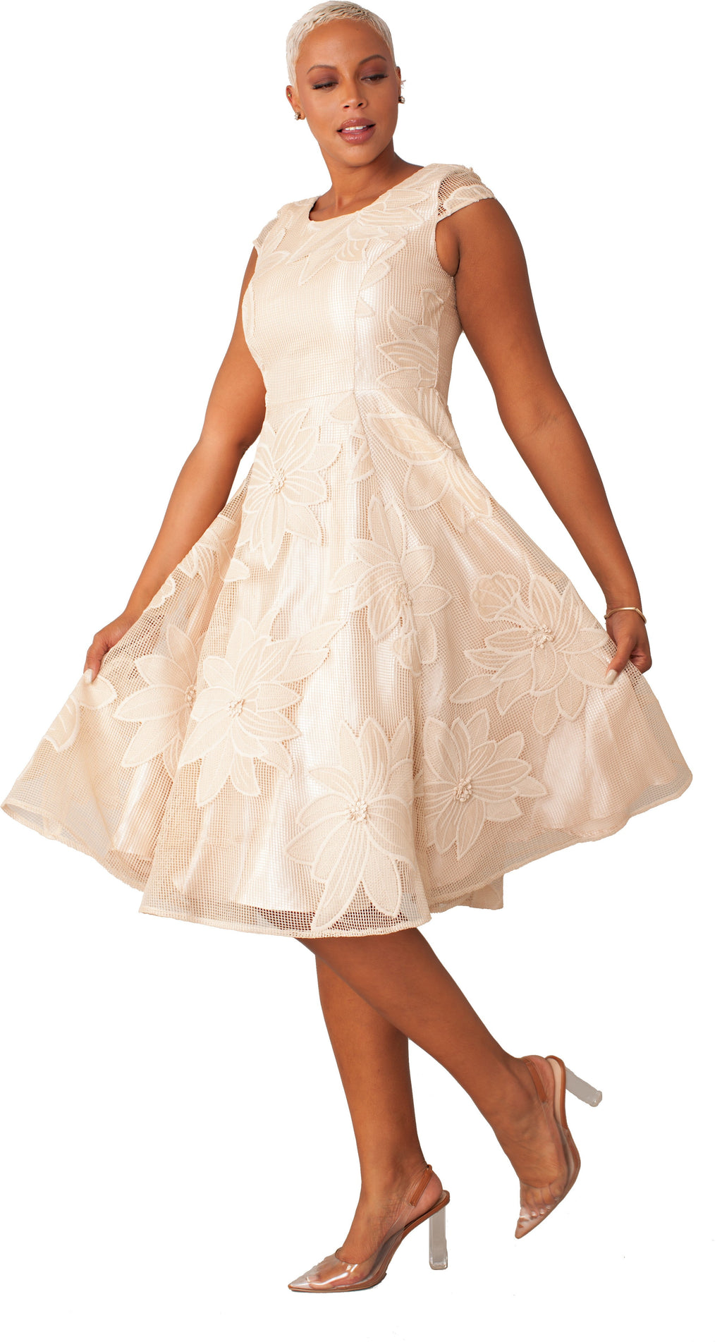 Plus Size Elegant 2-Piece Church Dress with Floral Lace and Jewel Brooch- 4806W