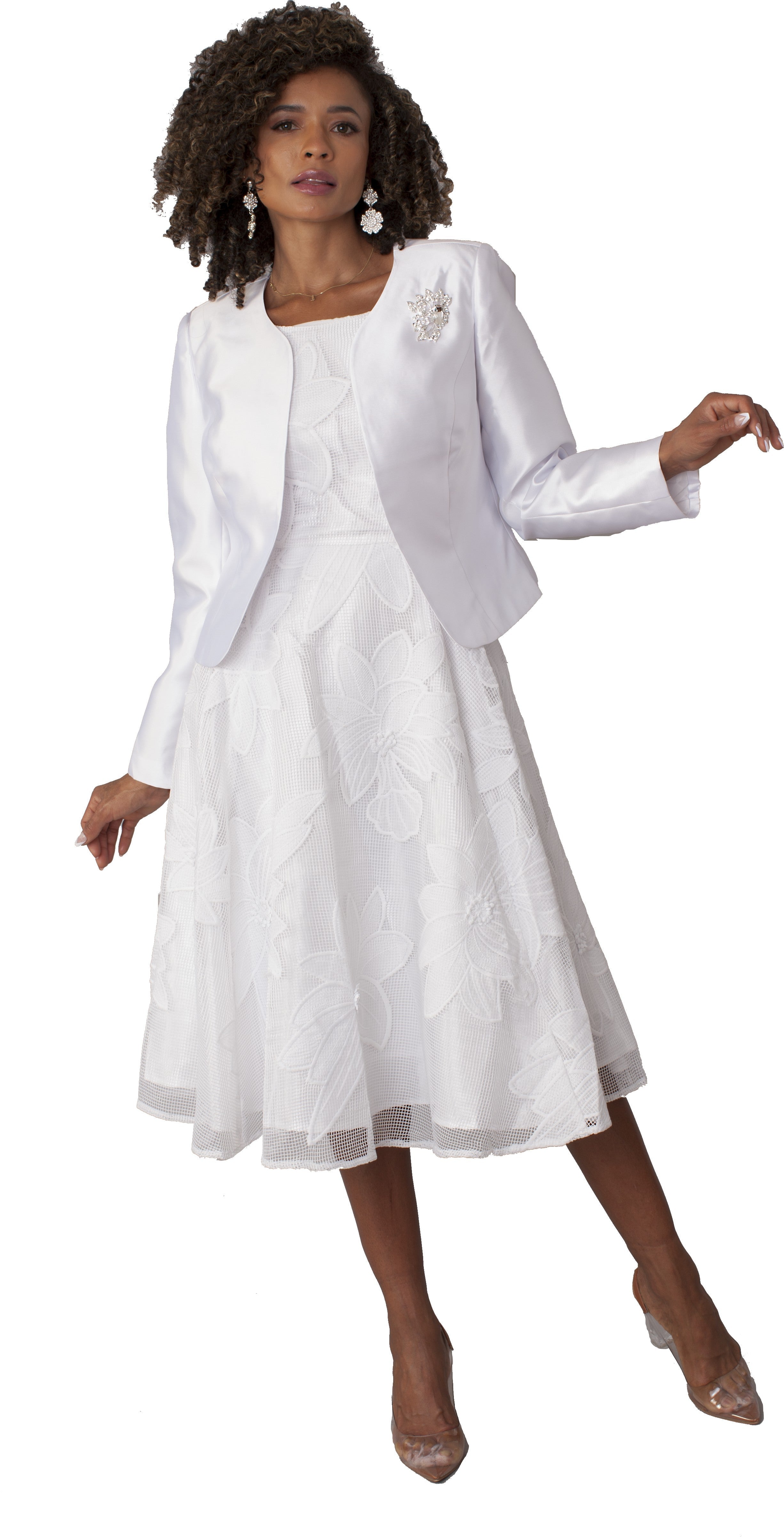 Plus Size Elegant 2-Piece Church Dress with Floral Lace and Jewel Brooch- 4806W