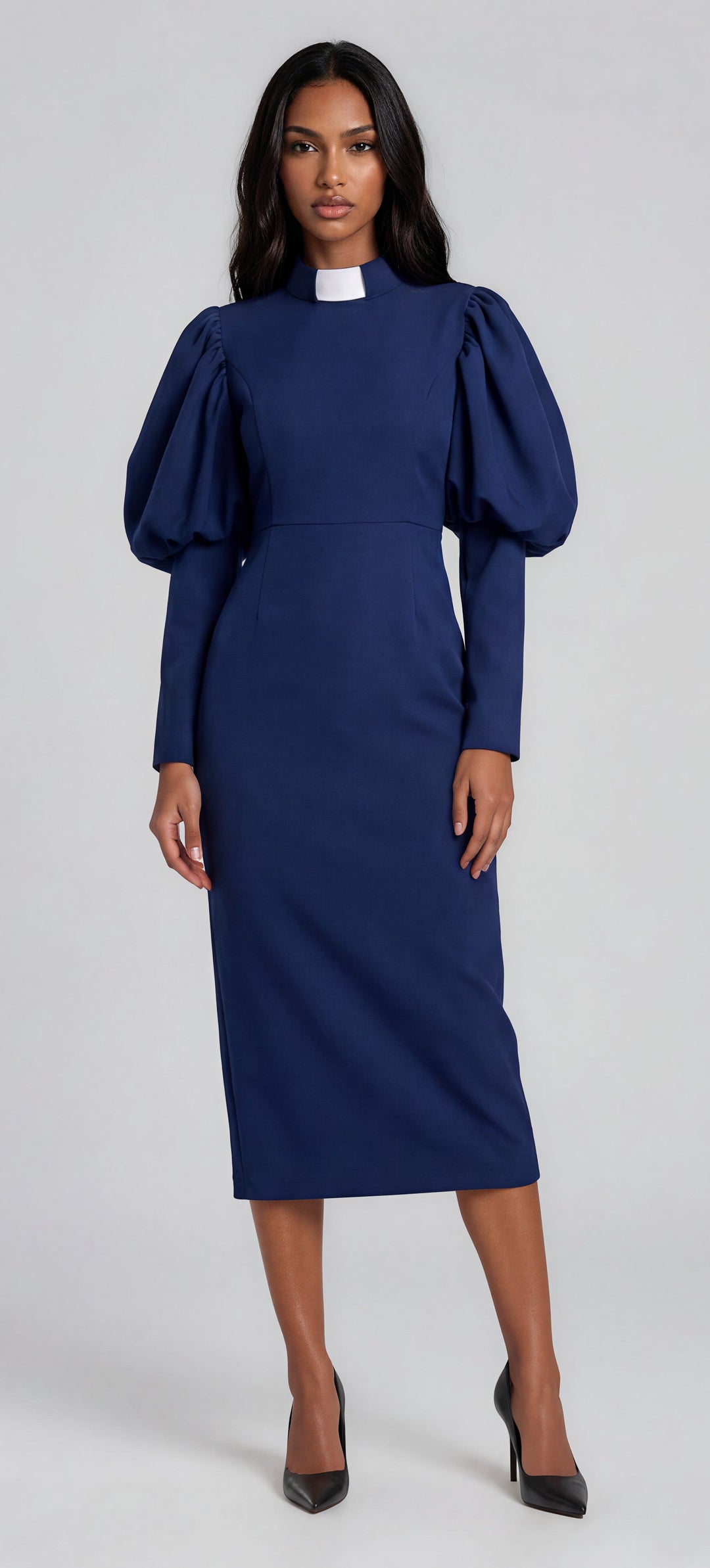 Plus Size Women's Clergy Dress with Puff Sleeves and Classic Collar- 4813W