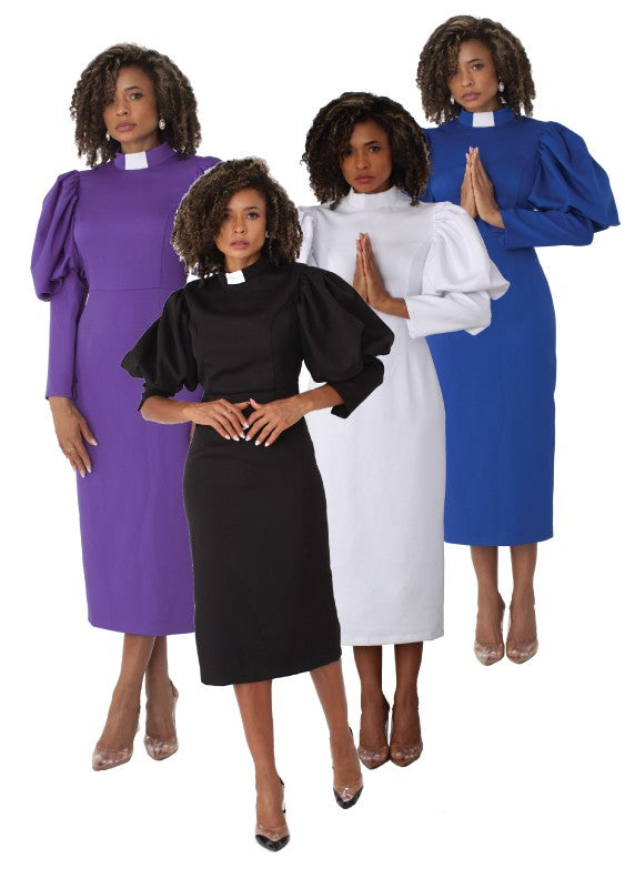 Plus Size Women's Clergy Dress with Puff Sleeves and Classic Collar- 4813W