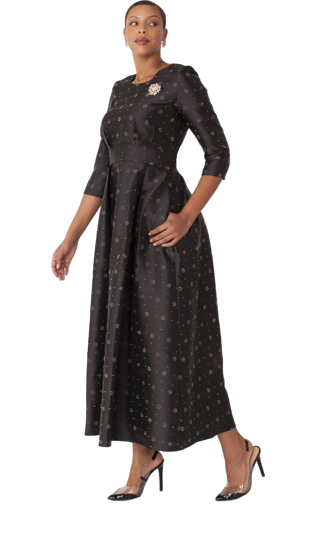 Plus Size 3/4 Sleeve Rhinestone Embellished Church Dress- 4826W