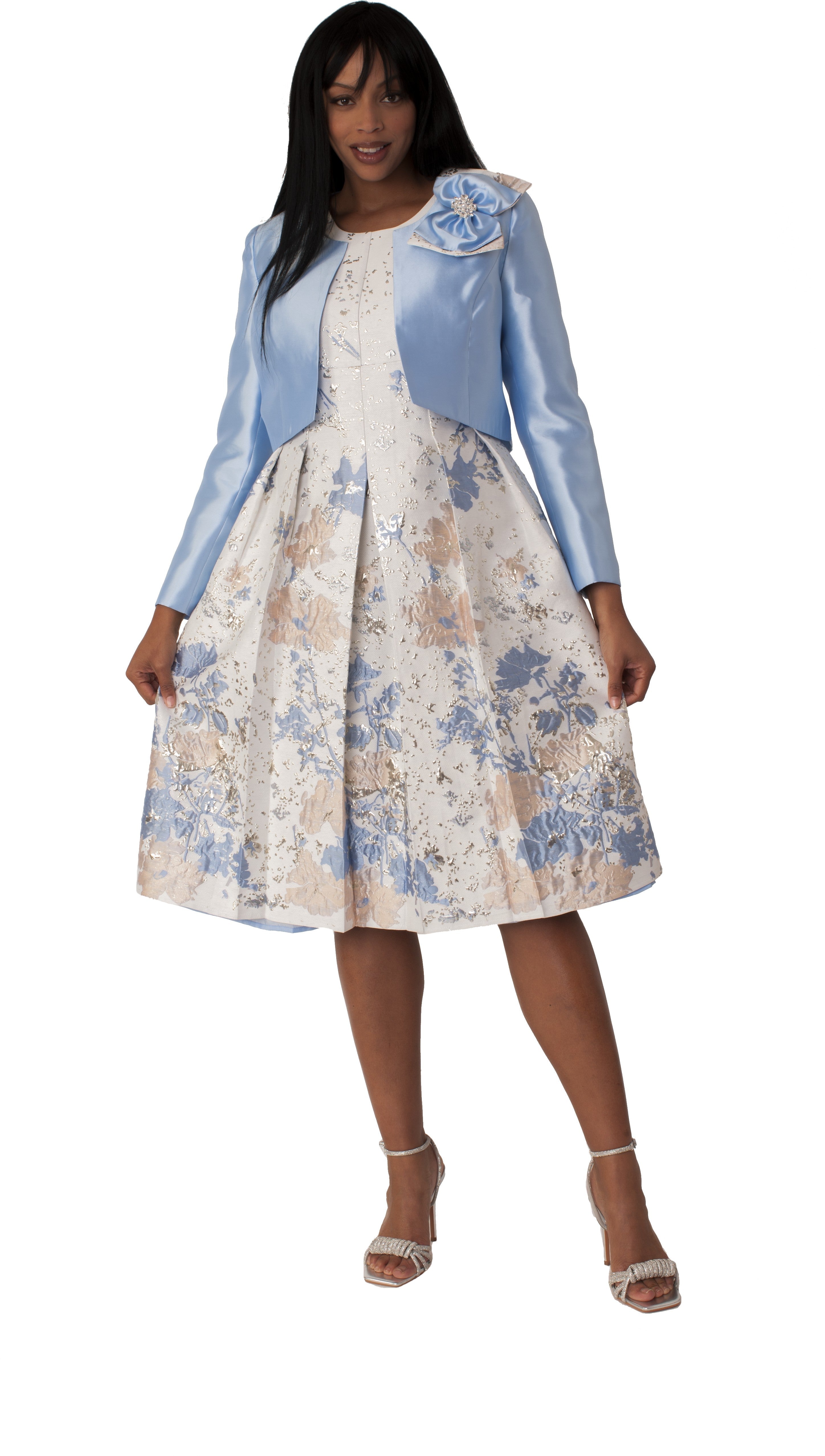 Plus Size Brocade Dress Set with Jacket & Brooch - 4830W