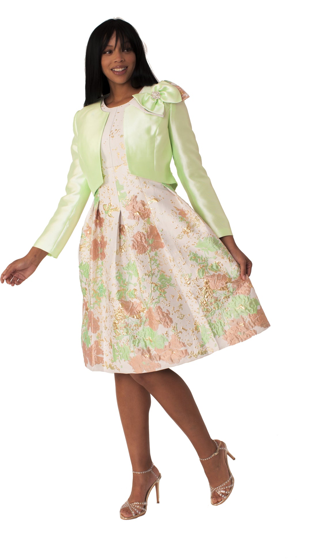 Plus Size Brocade Dress Set with Jacket & Brooch - 4830W
