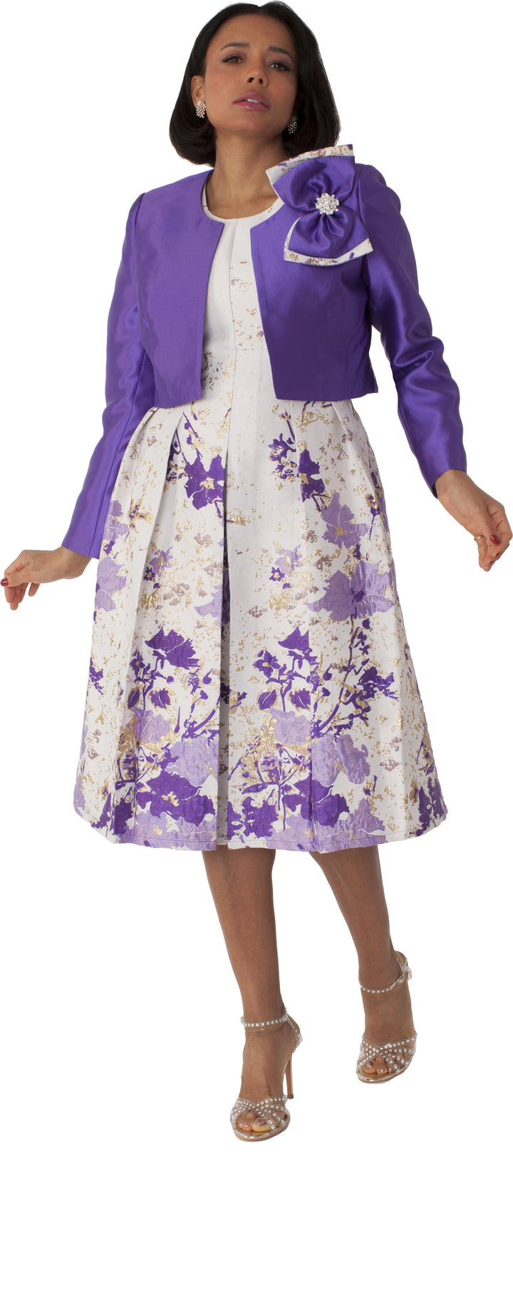 Plus Size Brocade Dress Set with Jacket & Brooch - 4830W