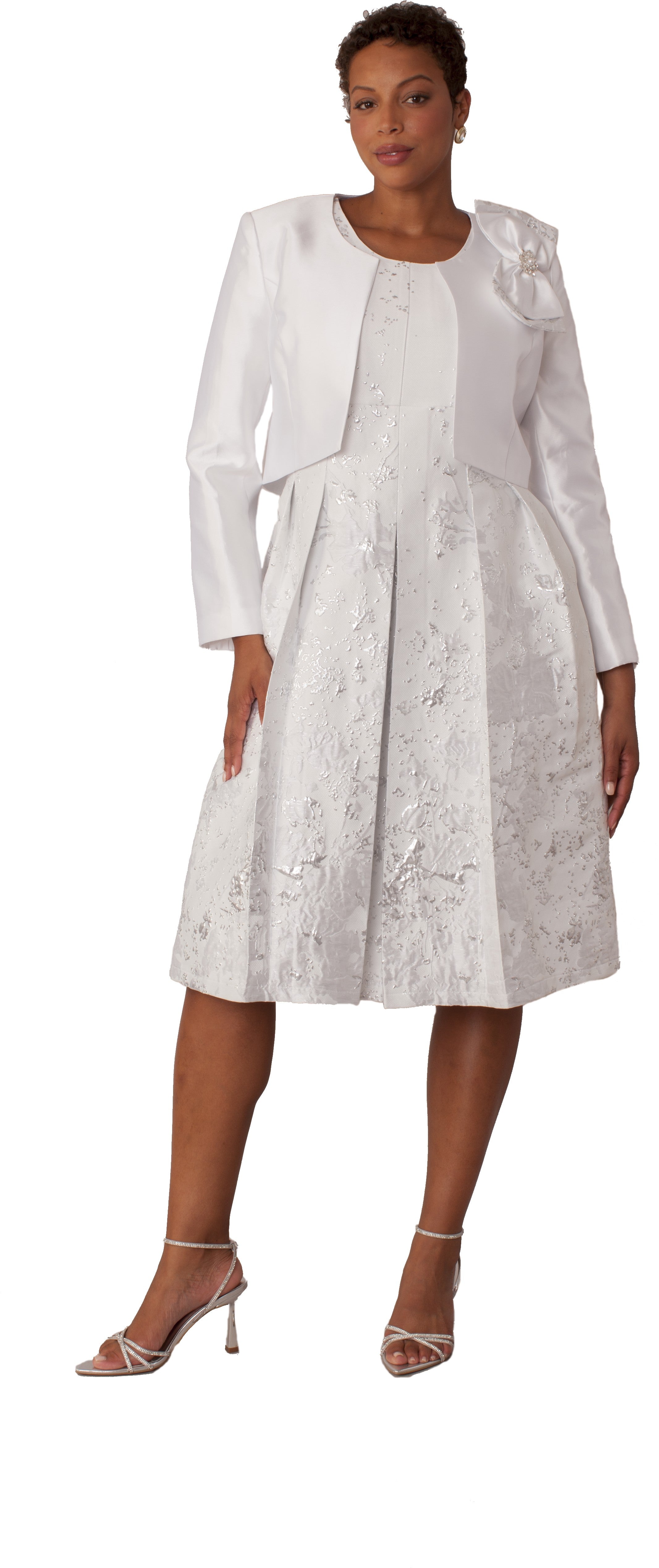Plus Size Brocade Dress Set with Jacket & Brooch - 4830W