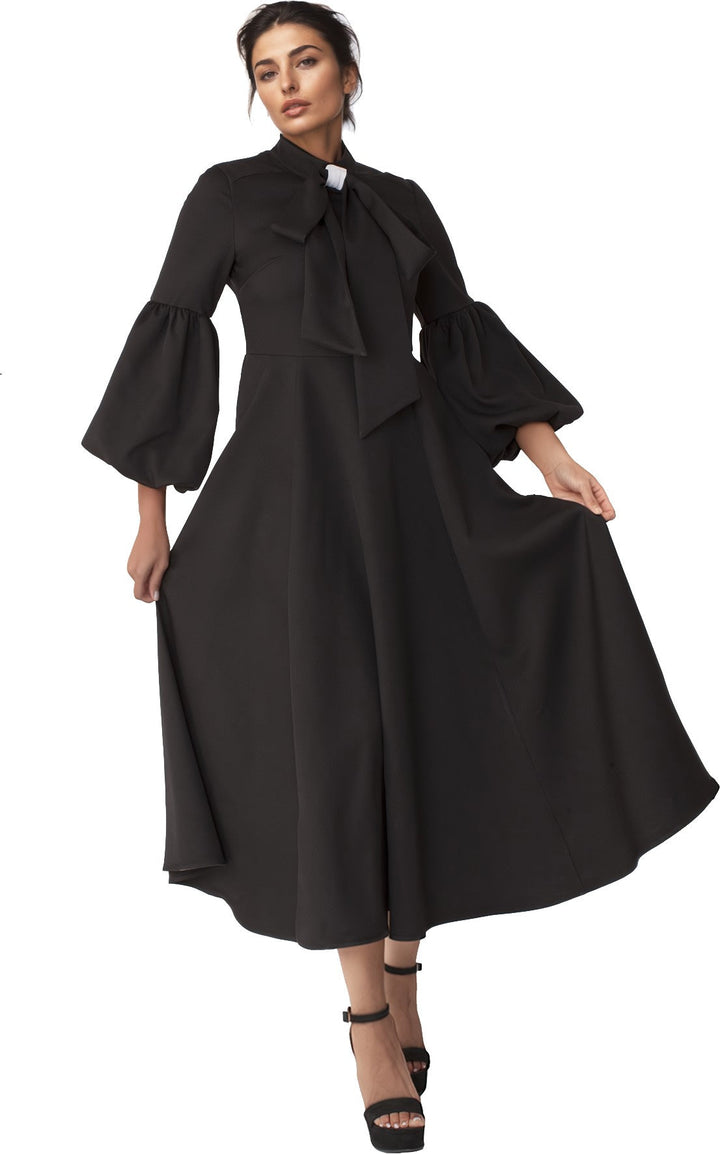 Modest Clergy Dress with Bell Sleeves and Tie Collar – 4846