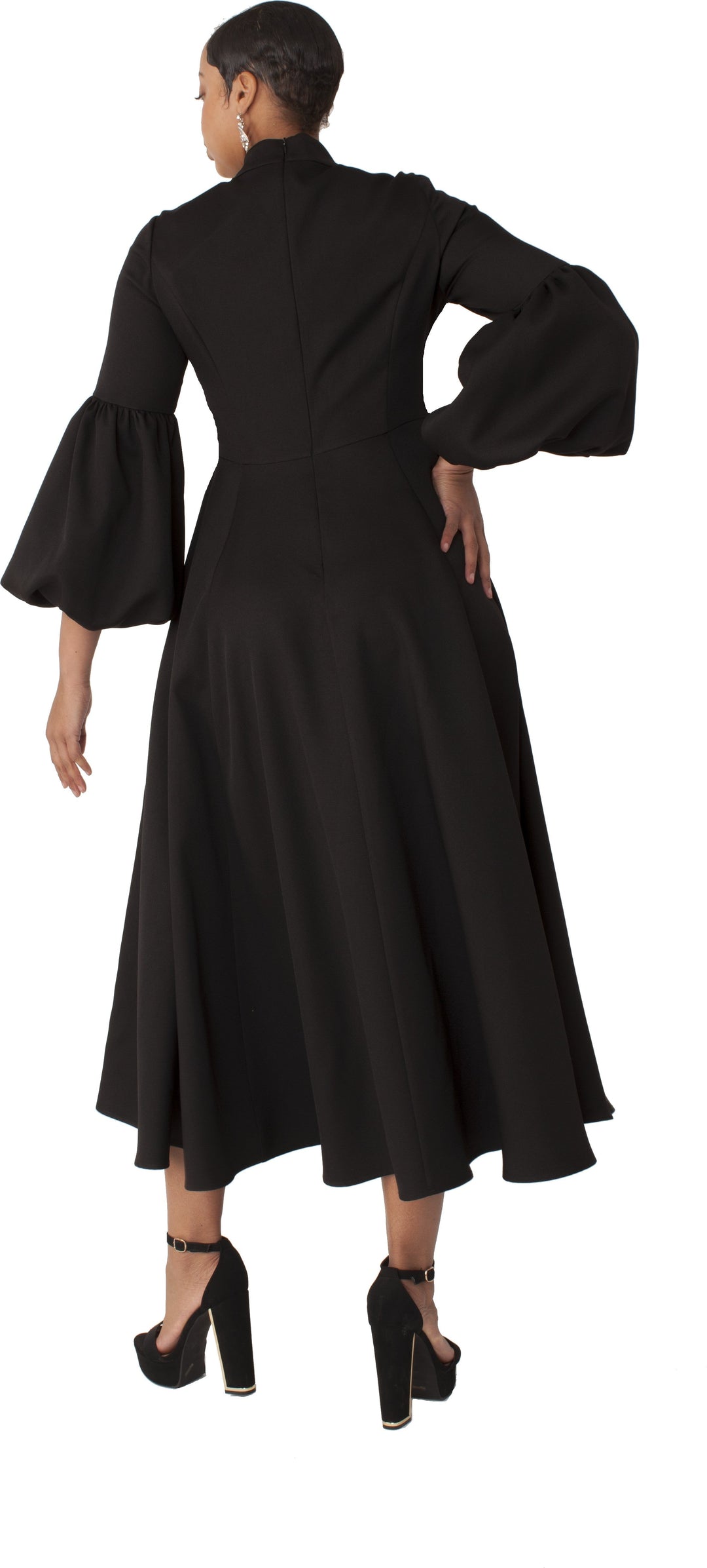 Modest Clergy Dress with Bell Sleeves and Tie Collar – 4846
