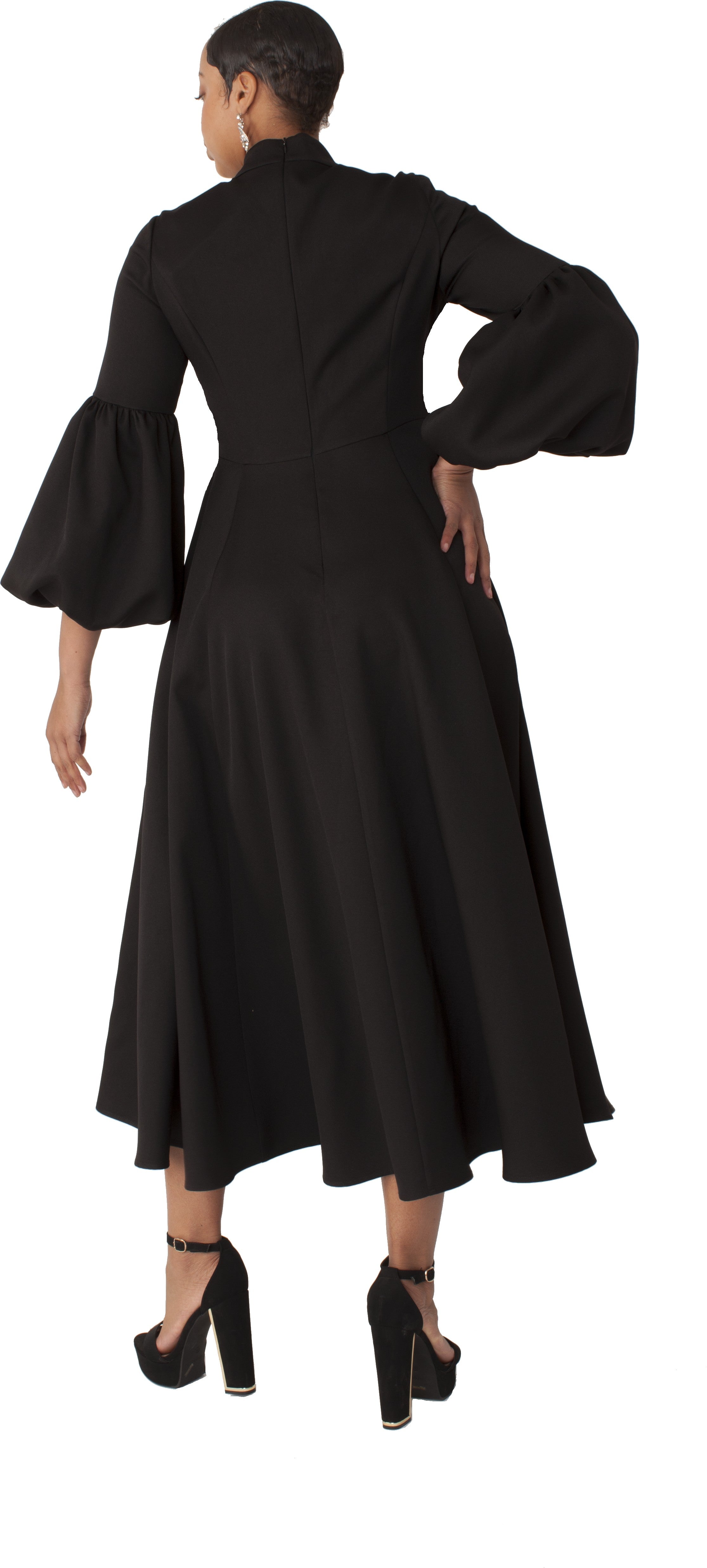 Modest Clergy Dress with Bell Sleeves and Tie Collar – 4846