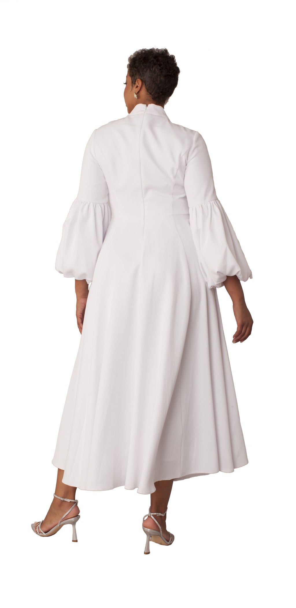 Modest Clergy Dress with Bell Sleeves and Tie Collar – 4846