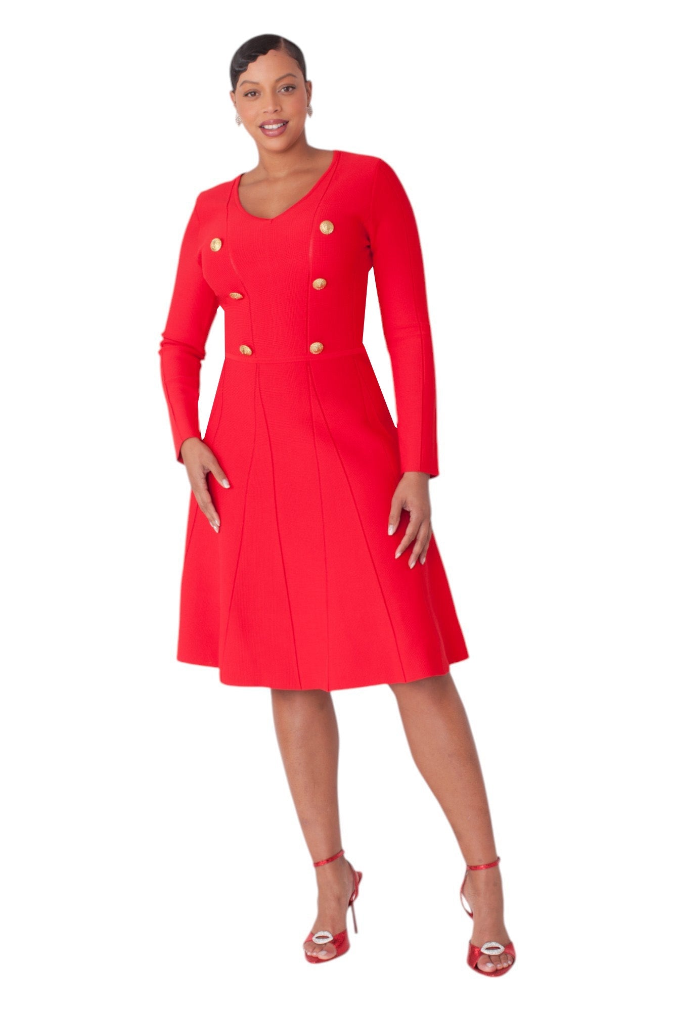 V-Neck Knit Dress with Gold Button Details- 51001