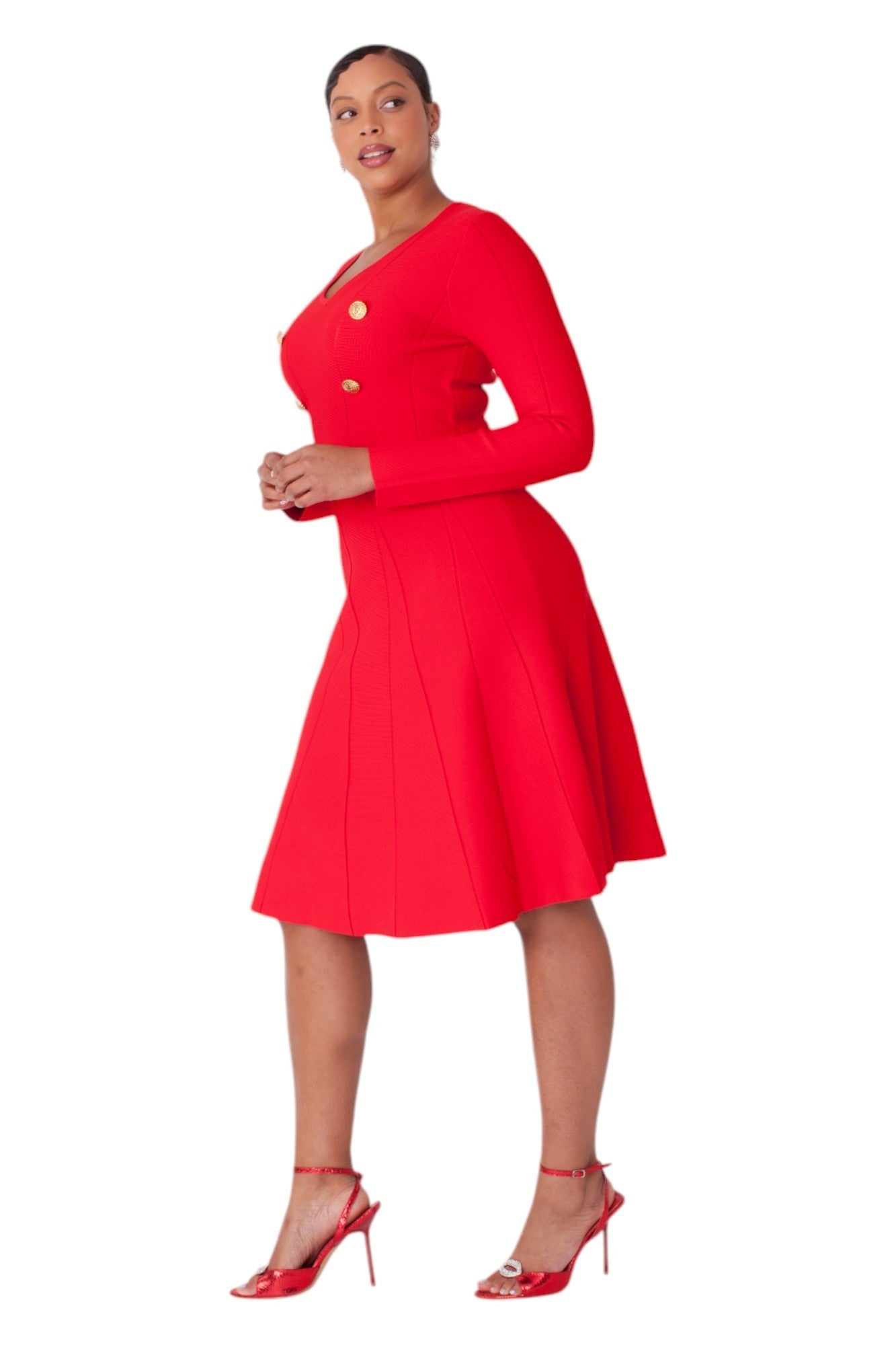 V-Neck Knit Dress with Gold Button Details- 51001