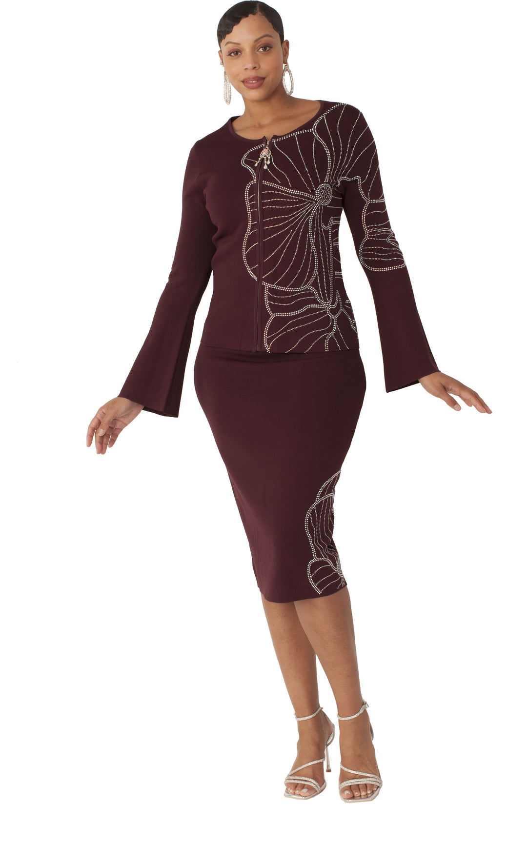 Floral Rhinestone Knit Skirt Set - 5345
