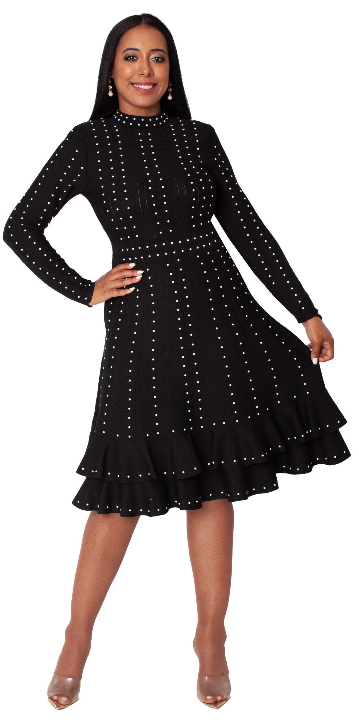 Black Knit Studded Dress with Ruffle Hem -5374