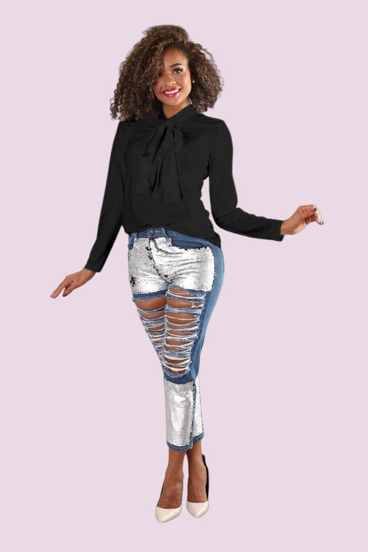Black Long Sleeve Blouse Top with Bow Tie – Smart Casual 81535