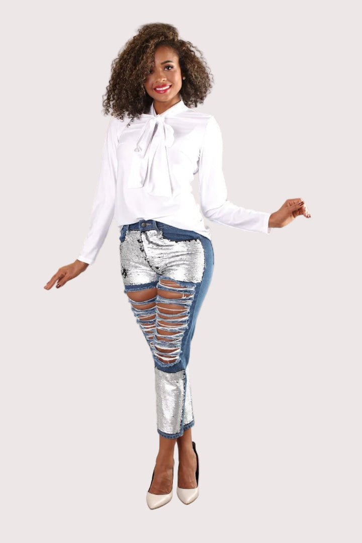 Black Long Sleeve Blouse Top with Bow Tie – Smart Casual 81535