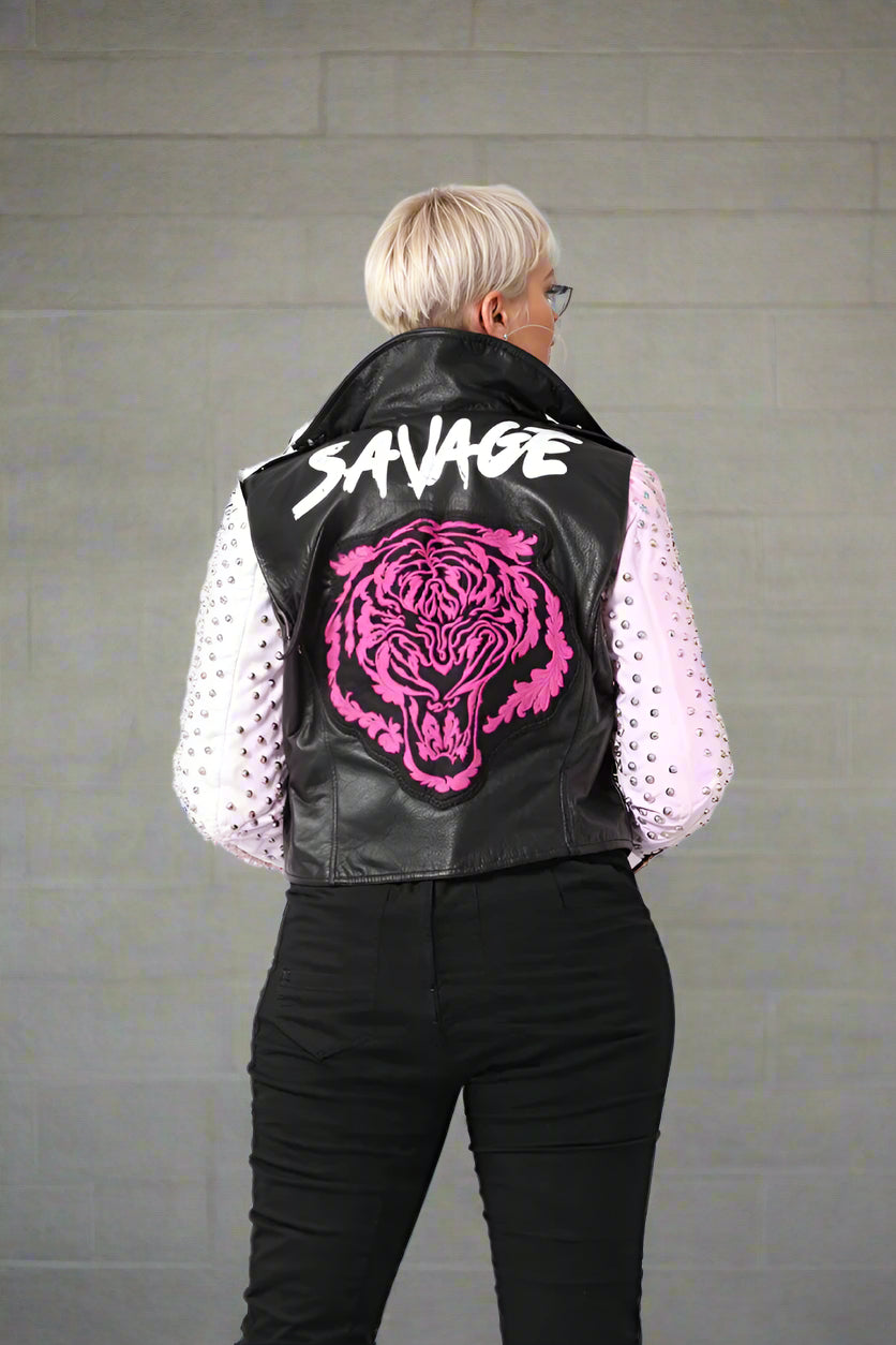 Studded Faux Leather Moto Jacket with Embroidered Tiger Back -81751