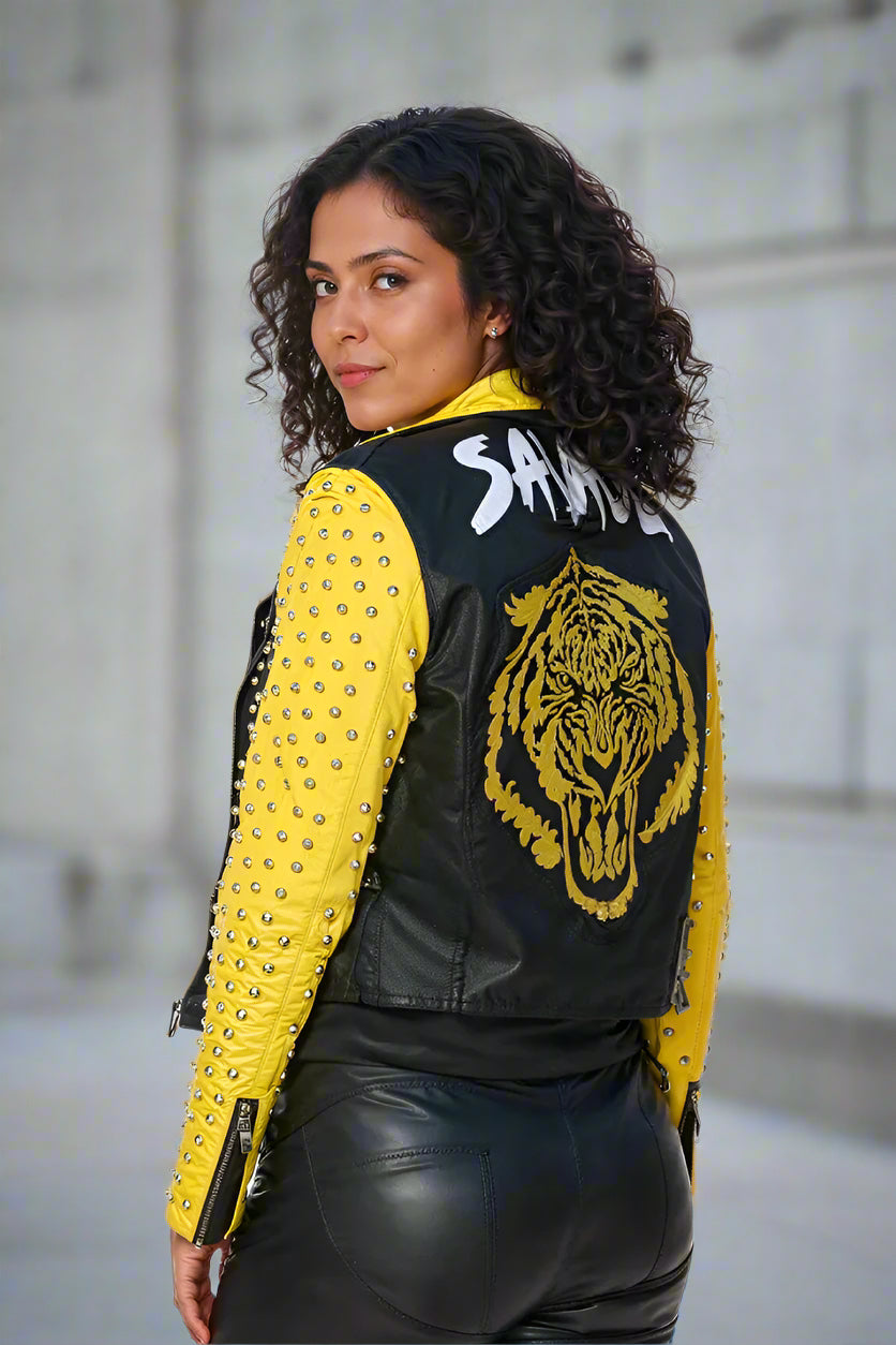 Studded Faux Leather Moto Jacket with Embroidered Tiger Back -81751