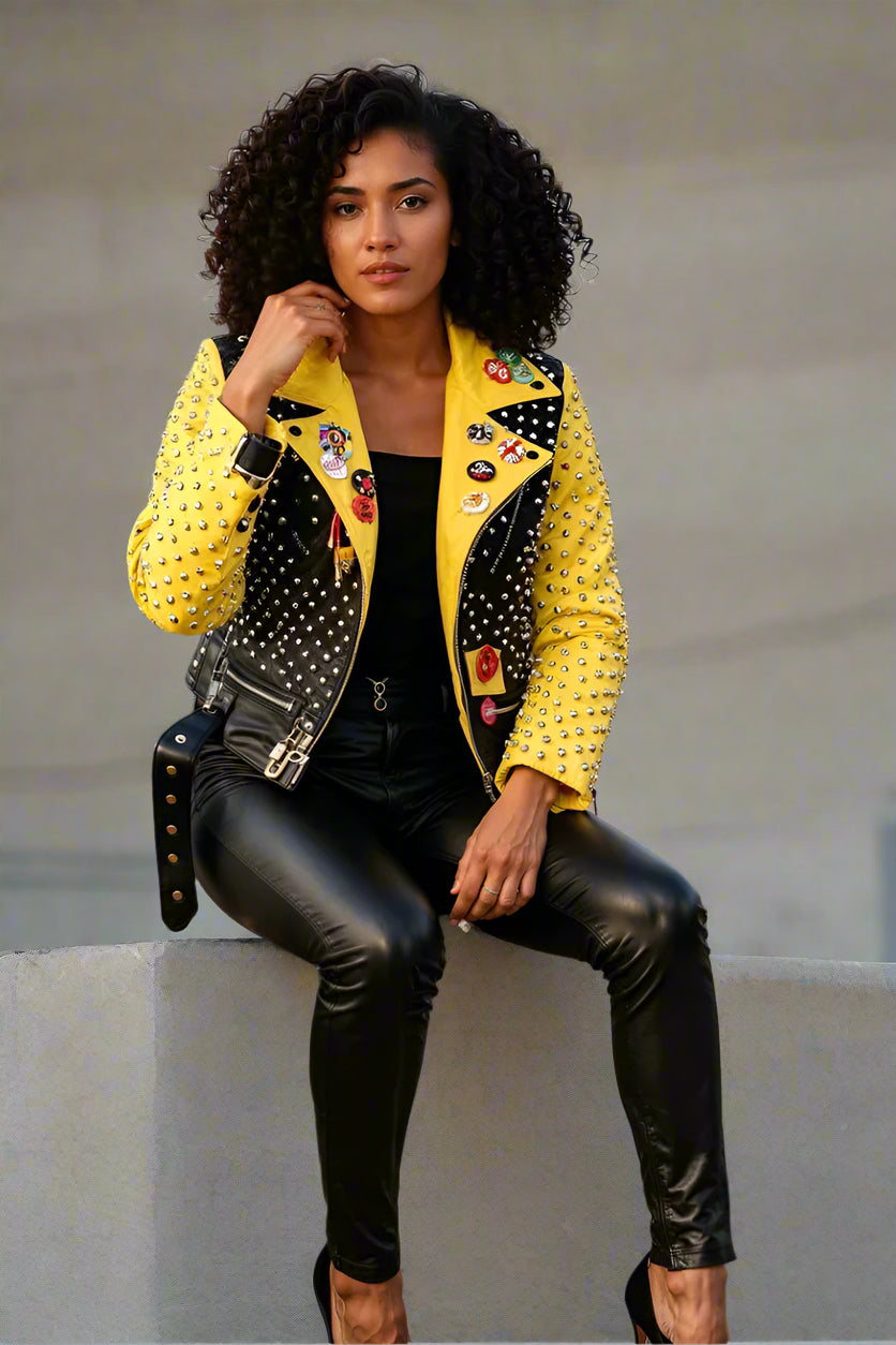 Studded Faux Leather Moto Jacket with Embroidered Tiger Back -81751