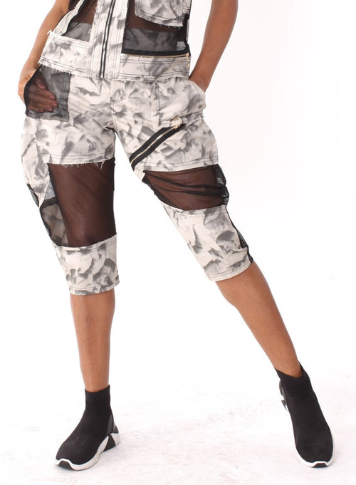 Mixed Media Printed Capris with Mesh Accents- 81910