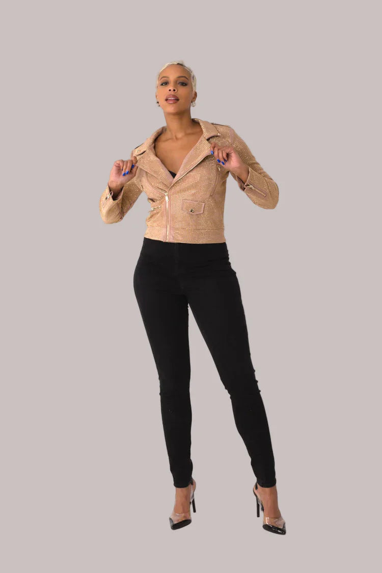 Suede Moto Jacket with Allover Diamonds - 82022