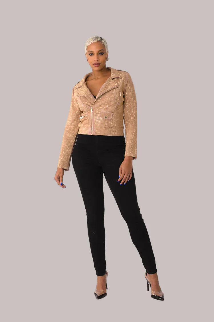 Suede Moto Jacket with Allover Diamonds - 82022
