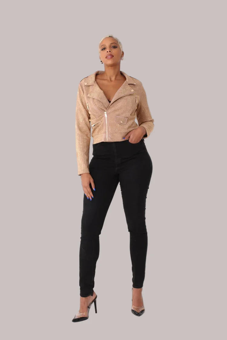 Suede Moto Jacket with Allover Diamonds - 82022