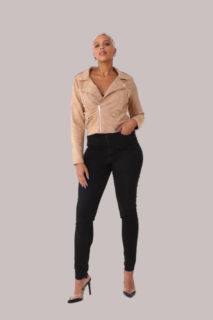 Suede Moto Jacket with Allover Diamonds - 82022