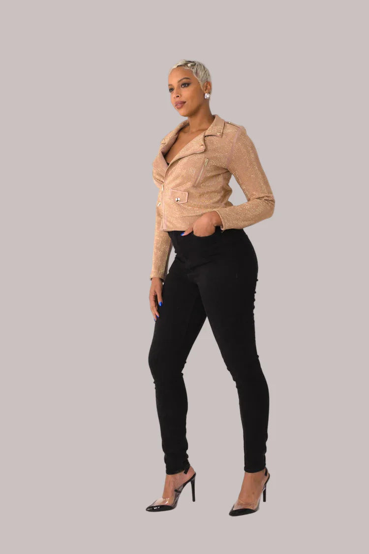 Suede Moto Jacket with Allover Diamonds - 82022