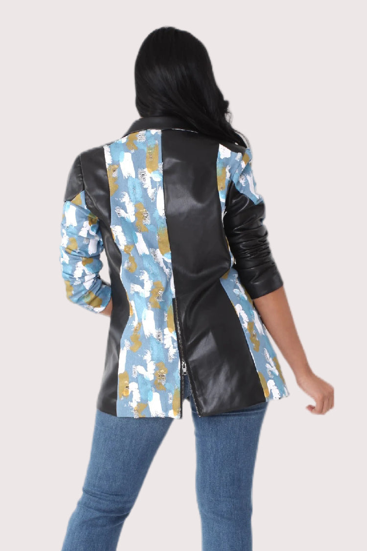 Abstract Print Leather Blazer -82056