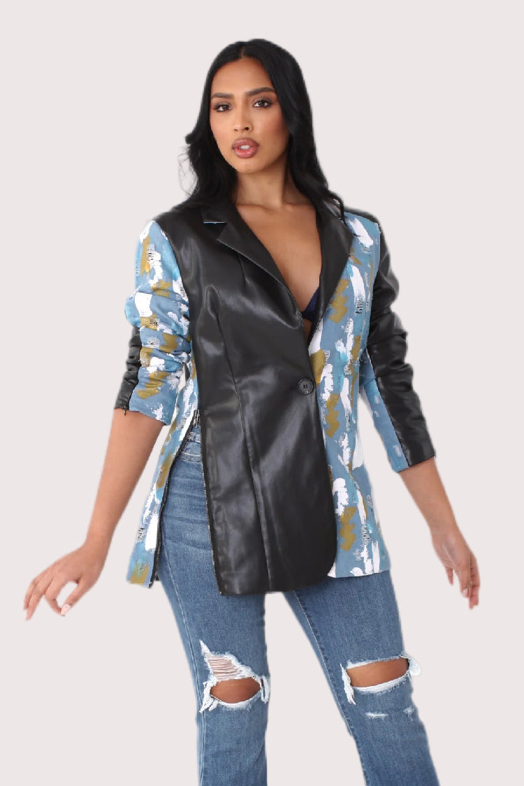 Abstract Print Leather Blazer -82056