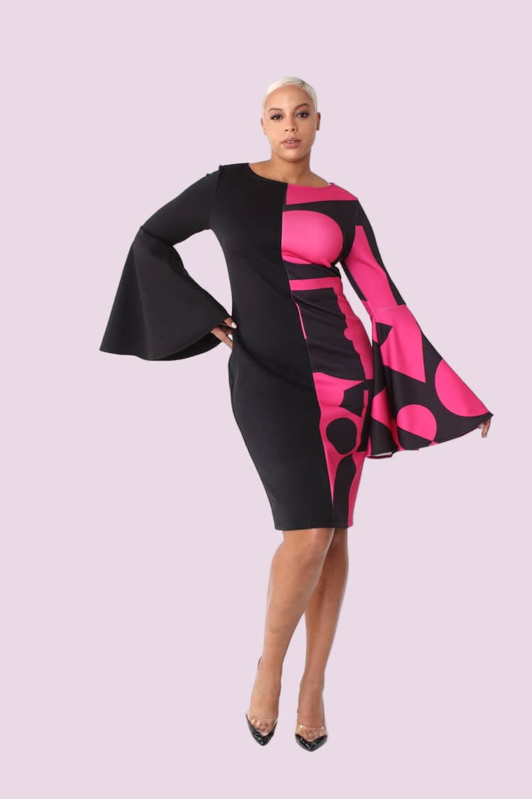 Color Block Bell Sleeve Dress - 82062