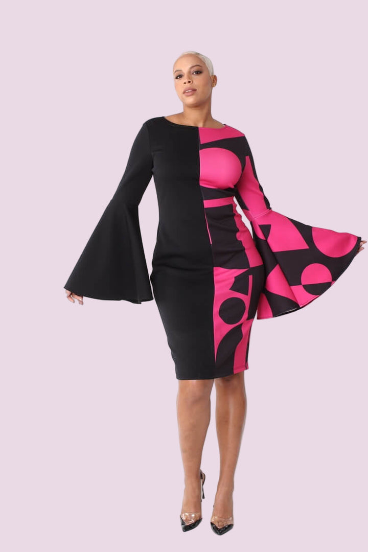 Color Block Bell Sleeve Dress - 82062