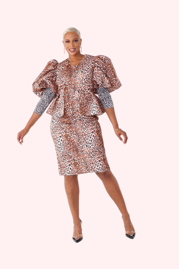 Leopard Print Puff-Sleeve Peplum Dress -82143