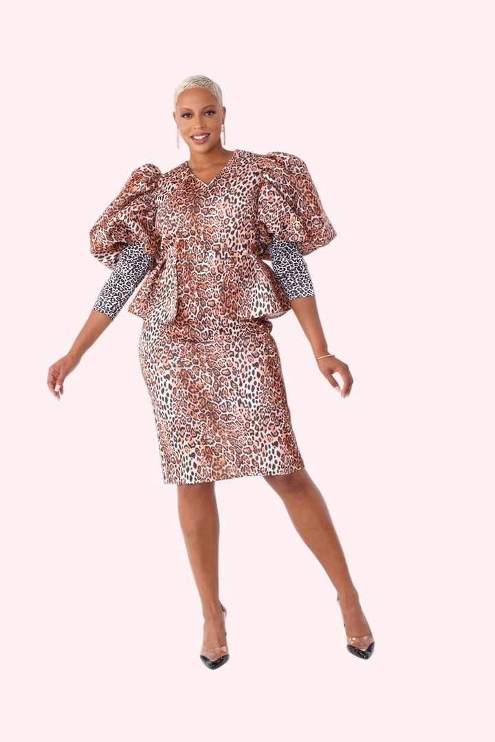 Leopard Print Puff-Sleeve Peplum Dress -82143