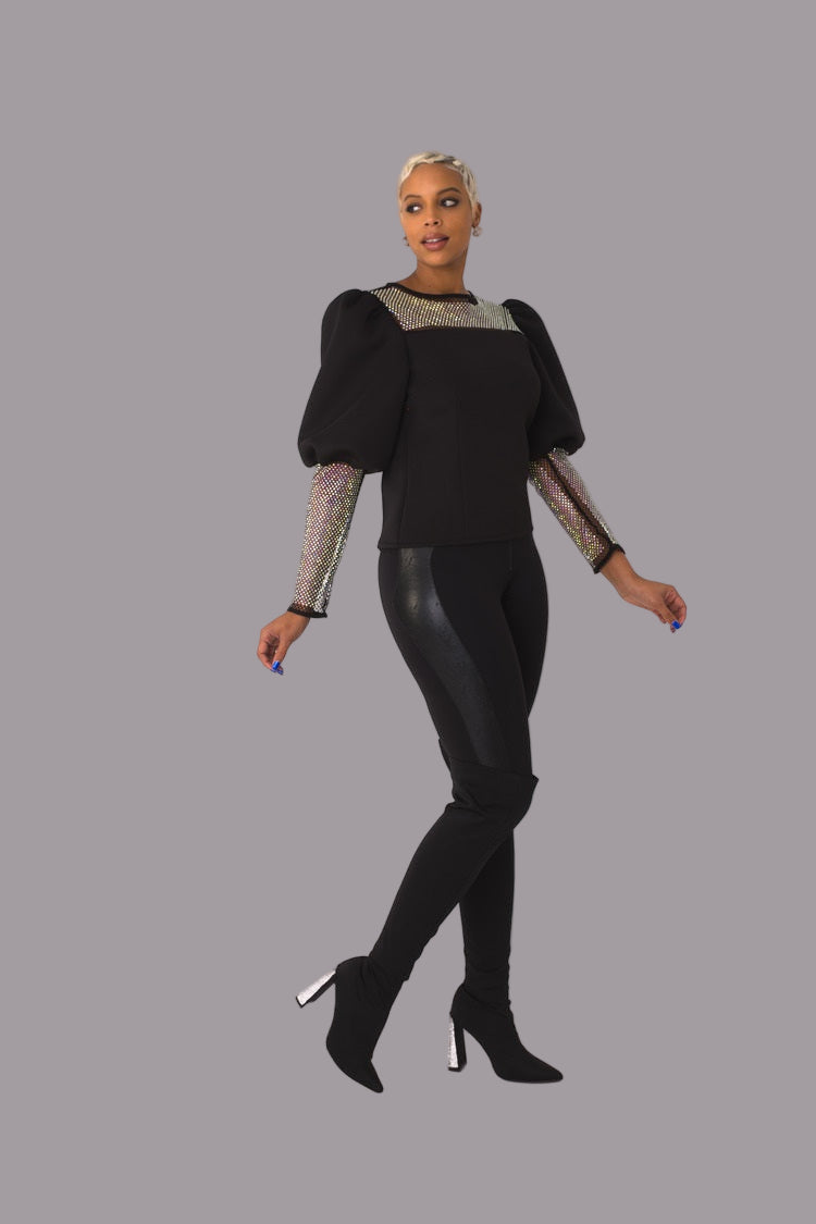 Rhinestone Mesh Yoke Puff Sleeve Top – Elegant Evening Blouse - 82233