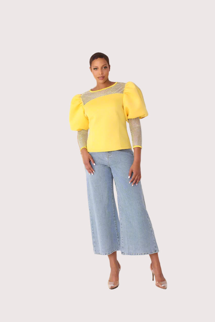 Rhinestone Mesh Yoke Puff Sleeve Top – Elegant Evening Blouse - 82233