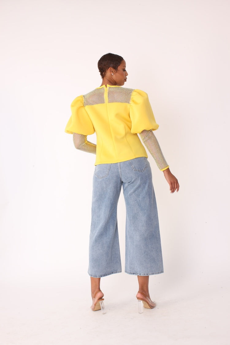 Rhinestone Mesh Yoke Puff Sleeve Top – Elegant Evening Blouse - 82233