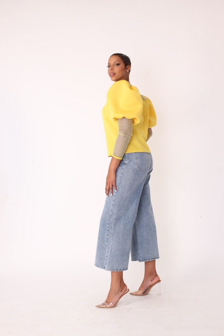 Rhinestone Mesh Yoke Puff Sleeve Top – Elegant Evening Blouse - 82233