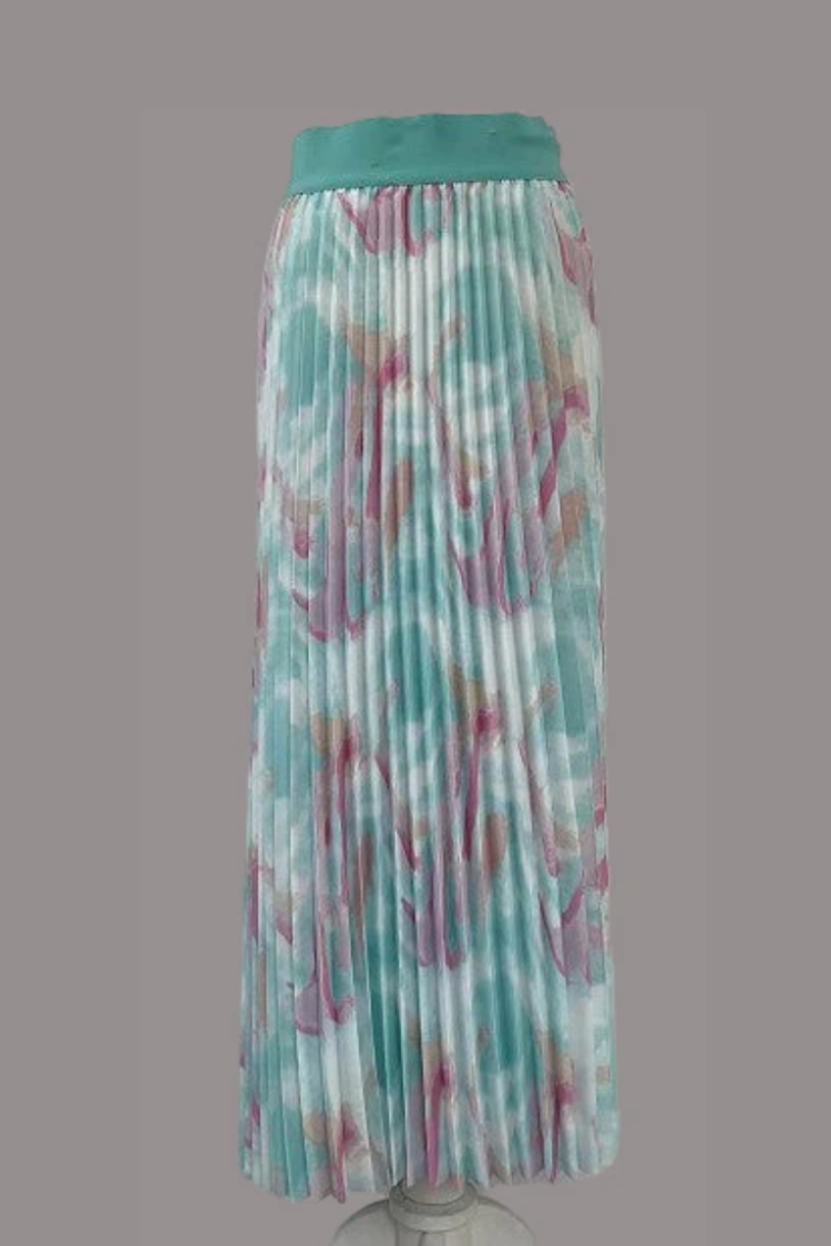 Watercolor Print Pleated Maxi Skirt - 82606