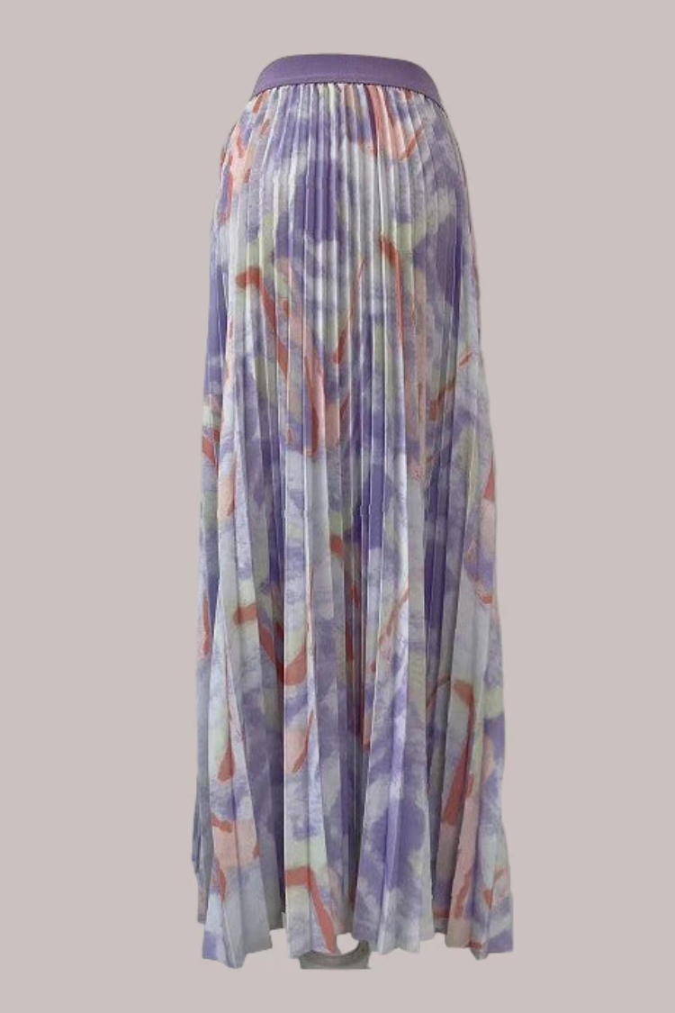 Watercolor Print Pleated Maxi Skirt - 82606