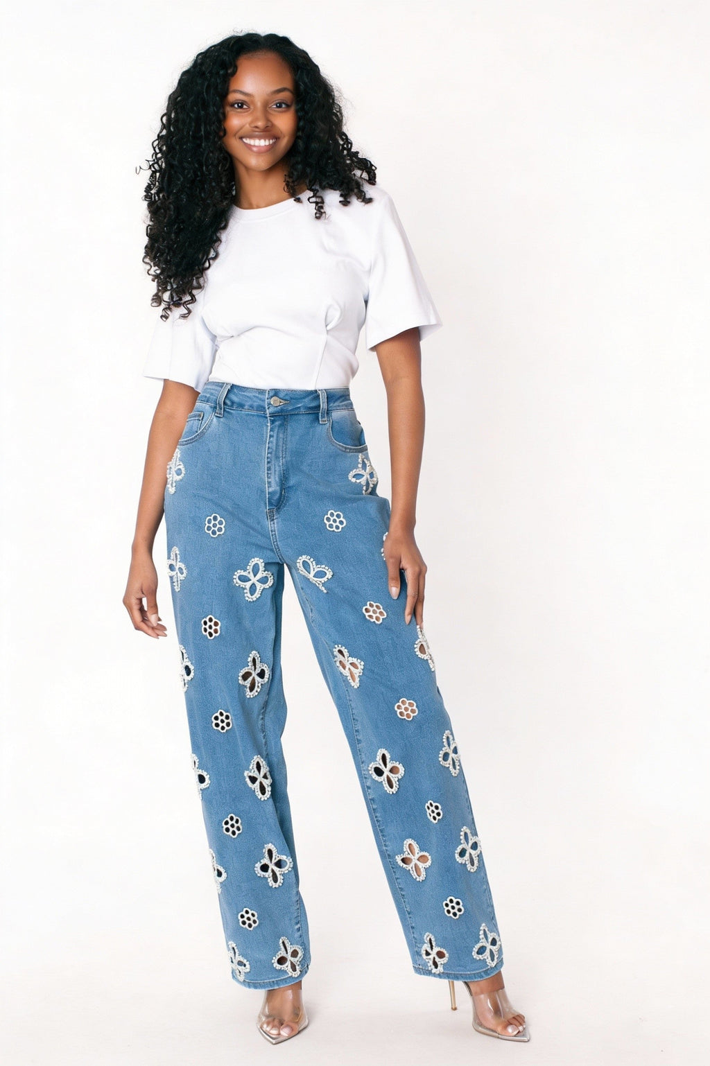 Floral Cutout Wide-Leg Jeans - 82956