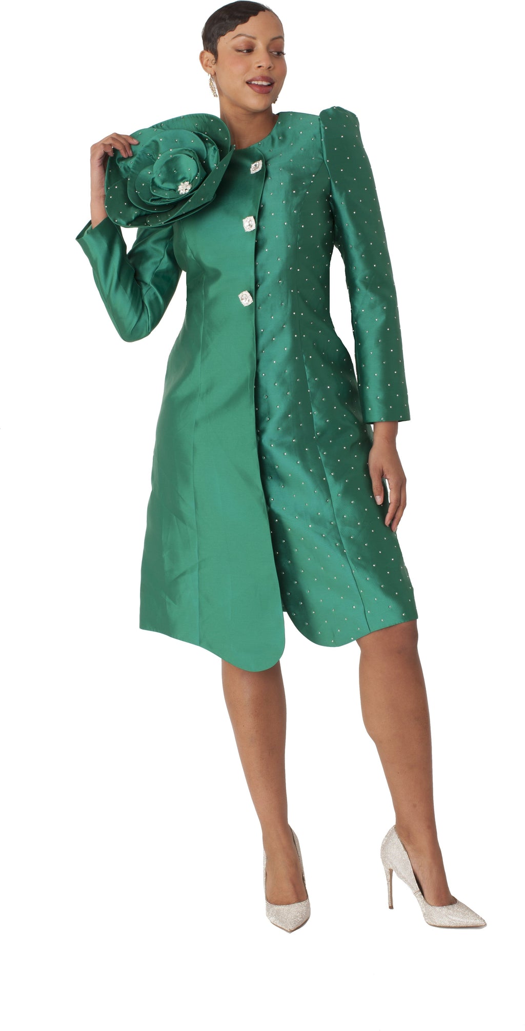 Pearl-Studded Floral Appliqué Coat Dress - 9751