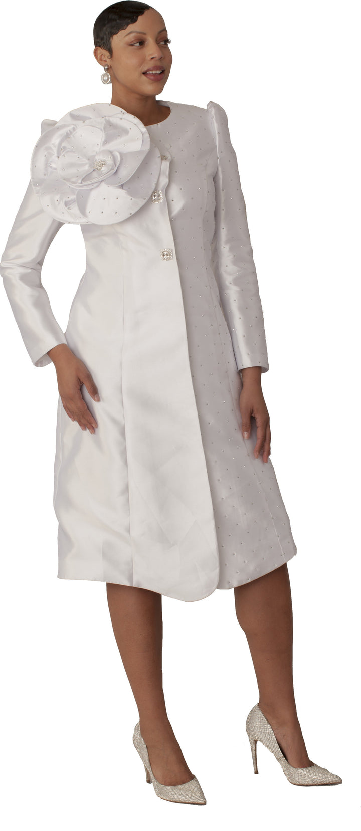 Pearl-Studded Floral Appliqué Coat Dress - 9751
