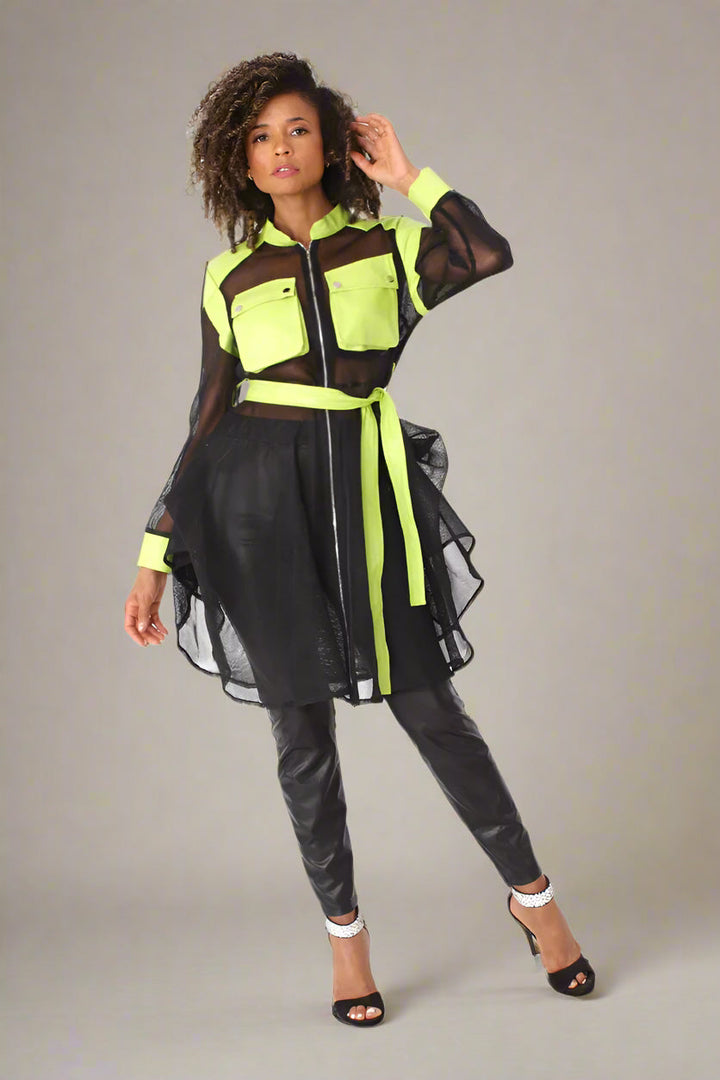 Net Mixed Media Jacket with Belt – Faux Leather Accents, Mid-Size | For Her NYC 81950