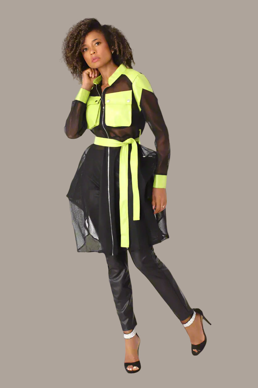 Net Mixed Media Jacket with Belt – Faux Leather Accents, Mid-Size | For Her NYC 81950
