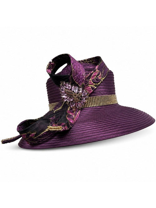 Plum Elegance Wide-Brim Hat w/ Jeweled Floral Bow