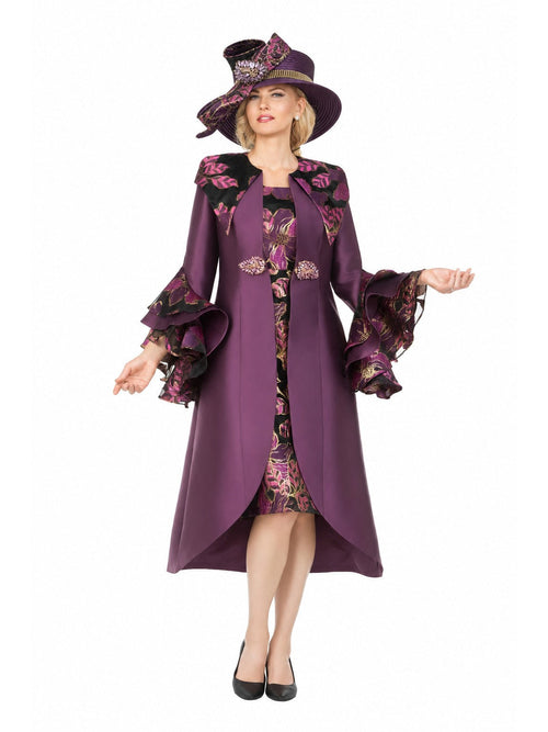 Floral Brocade Dress&Silky Twill Rfl Coat Set-Plus