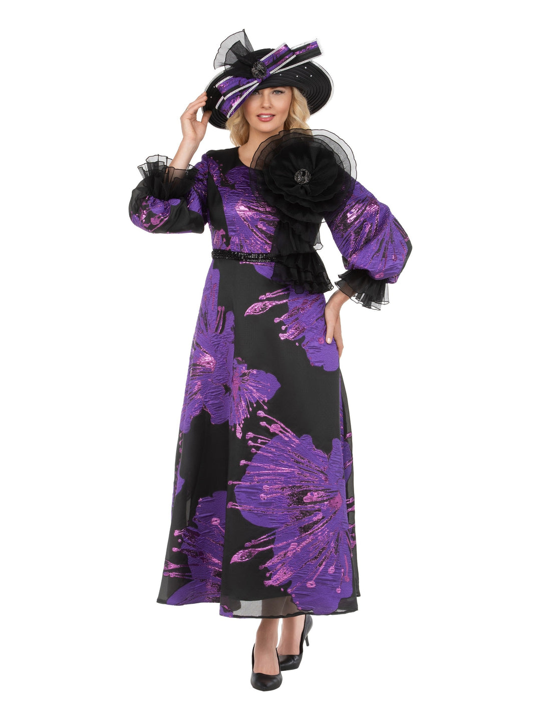Metallic Brocade A-line Dress w/ Statement Flower