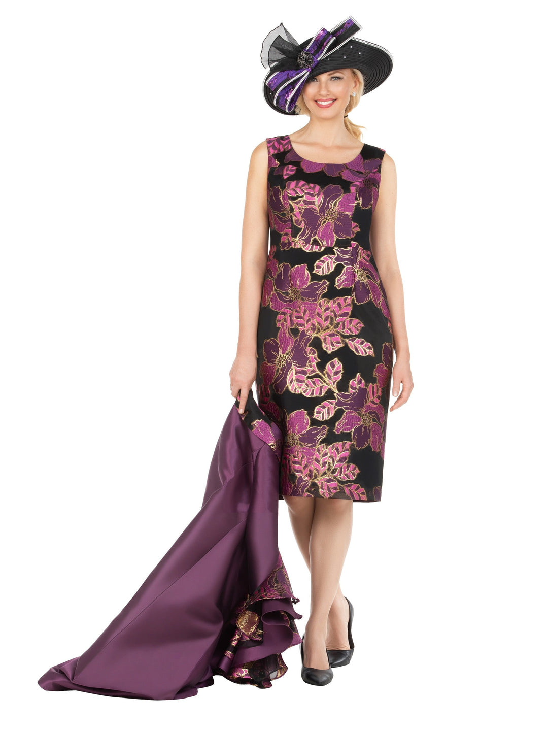 Floral Brocade Dress&Silky Twill Rfl Coat Set-Plus